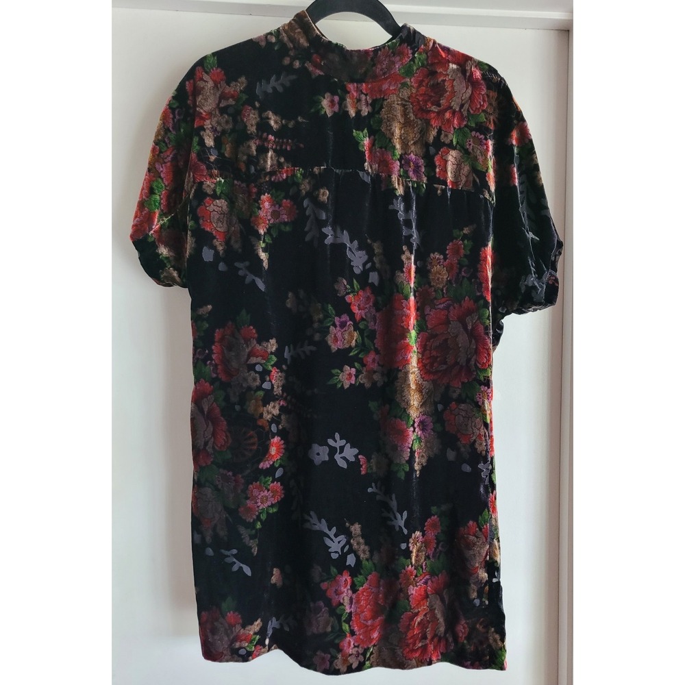 Zara Tunic XS Black Floral Velvet Short Sleeve Boho Mini Dress Whimsigoth